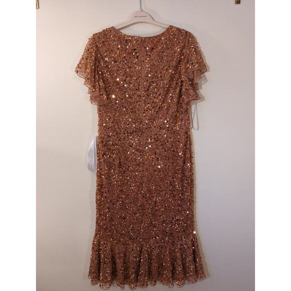New Mac Duggal Sz 14 Pink Rose Gold Flutter Sleeve V-Neck Sequin Midi Dress - Picture 5 of 8